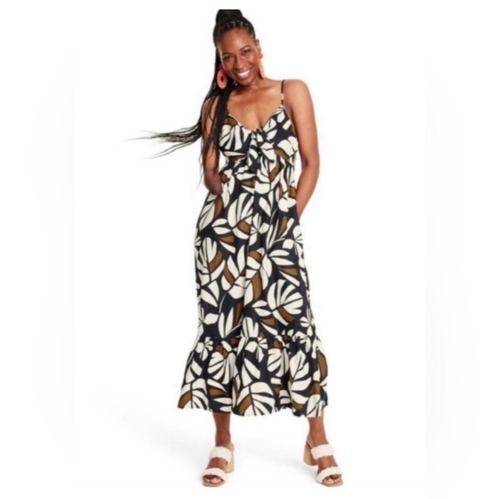 Tabitha Brown Tiered Dress Linen Blend Neutral Palm Leaf Brown Black Size Small